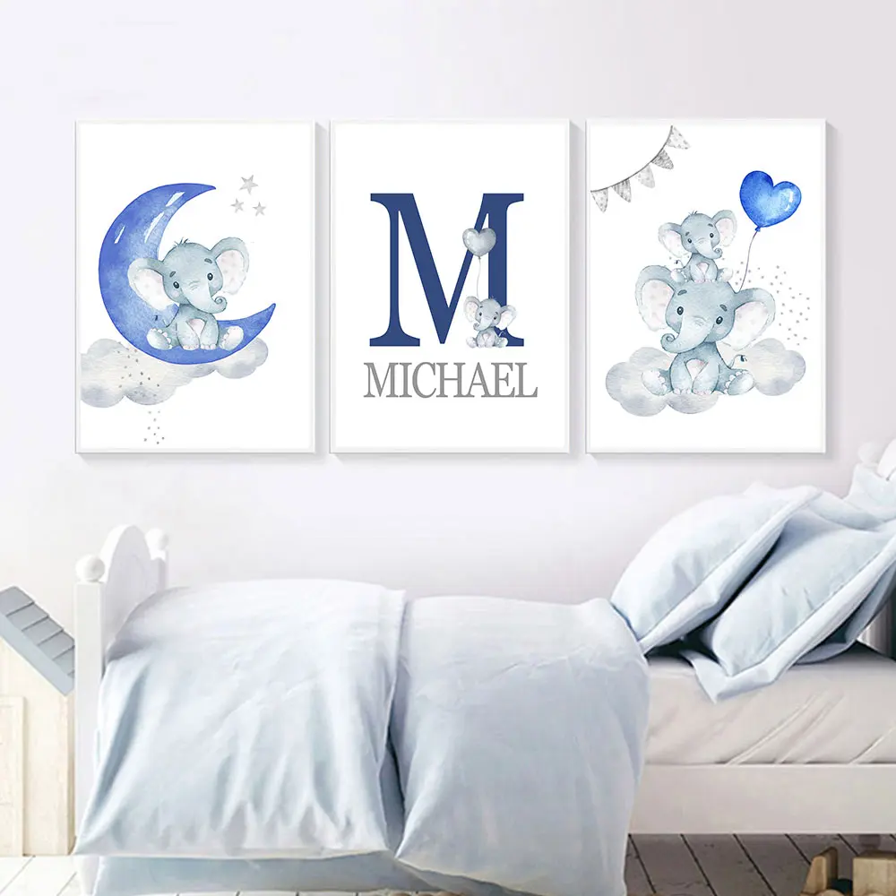 Blue Moon Balloon DIY 5D Diamond Painting Elephant Nursery Wall Art Custom Name Painting Nordic Picture Boy Baby Room