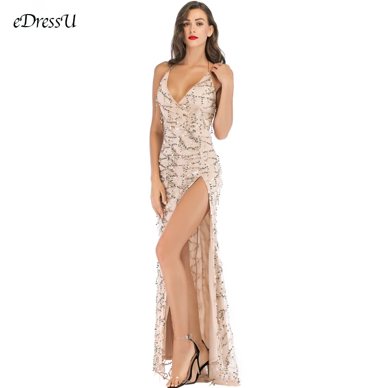 Sexy Split Evening Dress Tassel Party Dress Backless Vestido de Fiesta Robe de Soiree Sequins Formal Prom Dress YMK-620