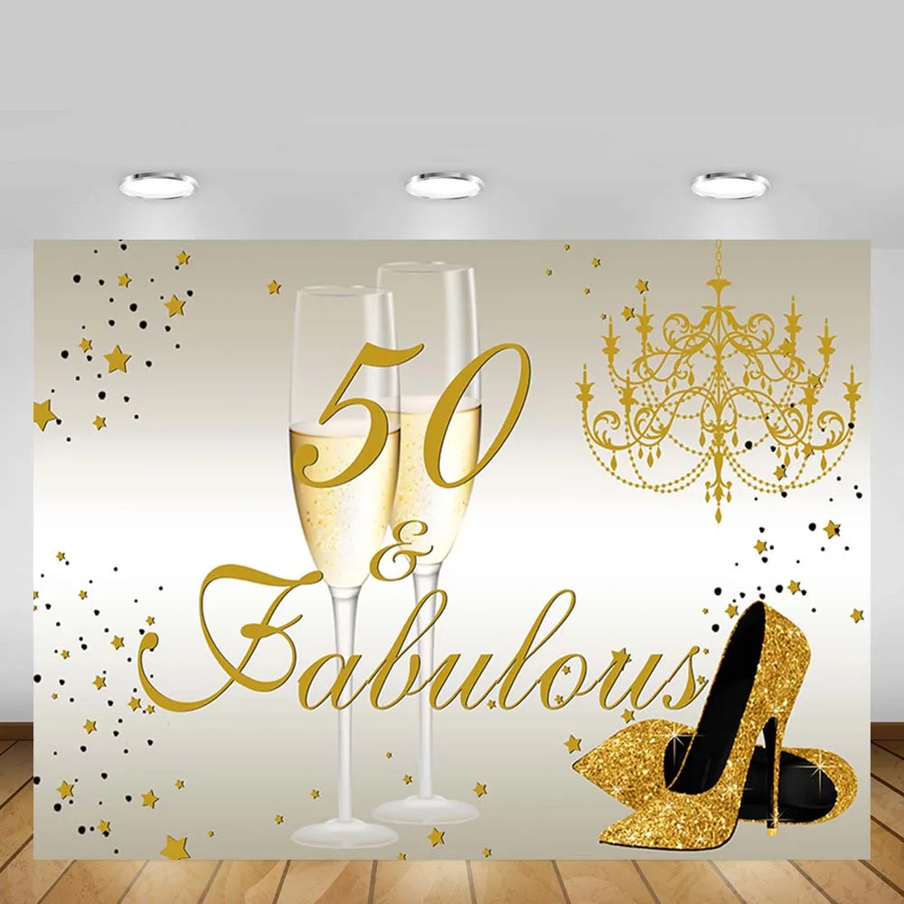 Mehofond Happy 50th Birthday Backdrop Gold Glitter High Heels Champagne Photography Background For Woman Fabulous Photocall Prop