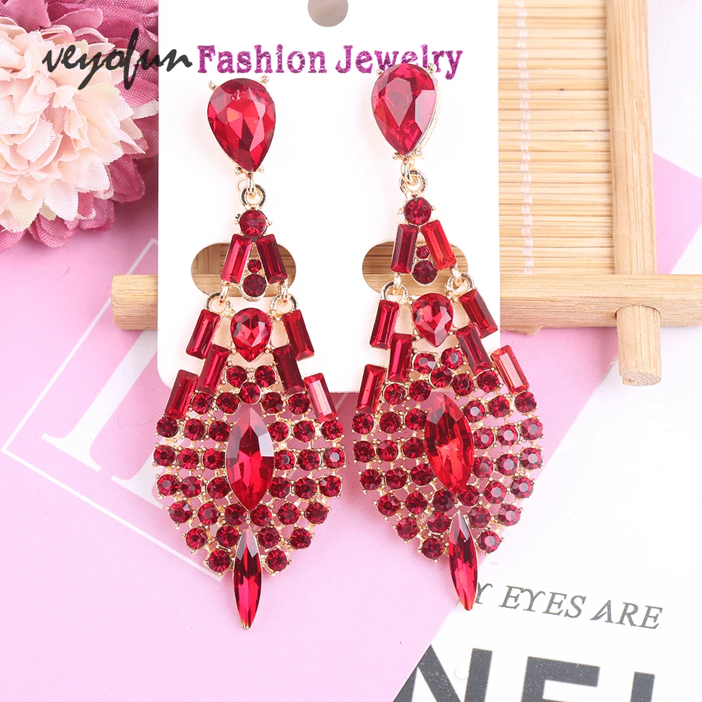 Veyofun Ethnic Long Crystal Drop Earrings Elegant Dangle Earrings Jewelry for Women Brinco