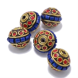 TZ-K12 Handmade Nepal Tibetan Brass Craft Flying Saucer Beads for Pendant Jewelry Making DIY Accessories Clay Inlaid Colorful