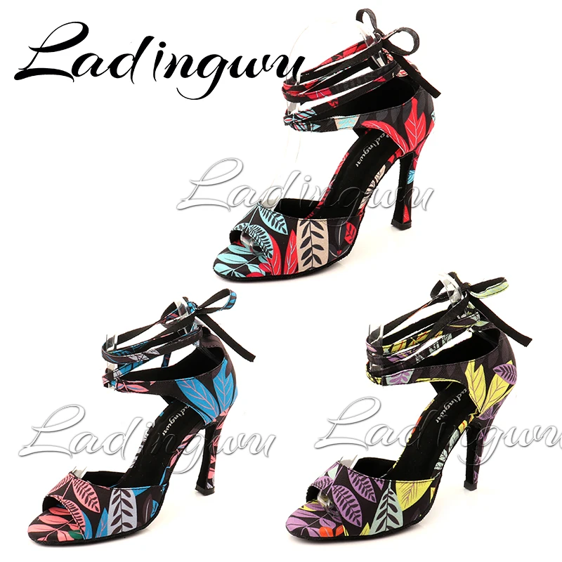 Ladingwu Salsa Dance Shoes Woman Girls Simple Style New Modern Floral Denim Latin Dance Shoes Soft Bottom Ballroom Dance Shoes