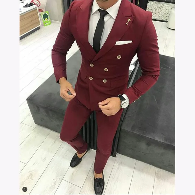 2023 New Burgundy Men Suit For Wedding Slim Fit Double Breasted Bridegroom Men Suits Causal Prom Groom Terno(Jacket+Pants+Tie)