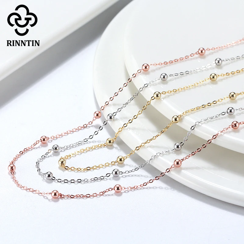 Rinntin 925 Sterling Silver Women Satellite Chain 1.0mm Cable Chain with Ball Beads Necklace for Girls Fashion Jewelry SC43