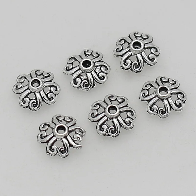 100pcs/lot Sweet Hollow Out Heart Flower Bead Caps 7mm Handcraft Antique Silver Beaded End Cap Receptacle DIY Jewelry Findings