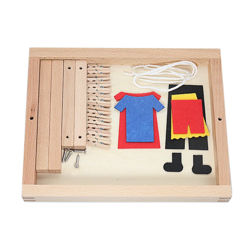 Baby Montessori Wooden DIY Mini Simulation Clothes Drying Frame Clothes Suit Toys for Children Basic Life Practice Training Toy