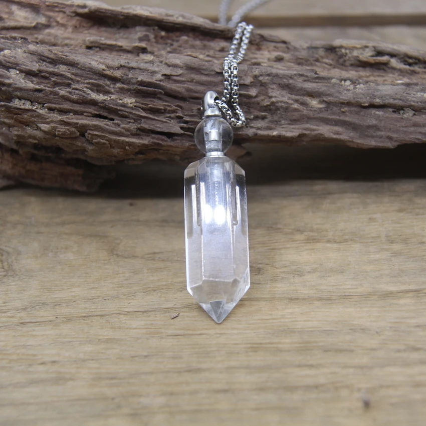 Natural Gems Crystal Hexagonal Point Essential Oil Vial Pendant Necklace Obsidian Turqupises Perfume Bottle Charm Jewelry QC1041
