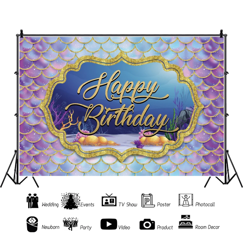 Laeacco Meerjungfrau Lila Fisch Waagen Gold Giltters Mädchen Glücklich Geburtstag Party Fotografie Hintergrund Porträt Kunden Hintergrund