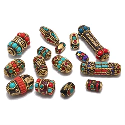 TZ-N Handmade Nepal Buddhist Tibetan Brass Craft Beads for Necklace Jewelry Making Accessories Clay Inlaid Colorful Cylindrical