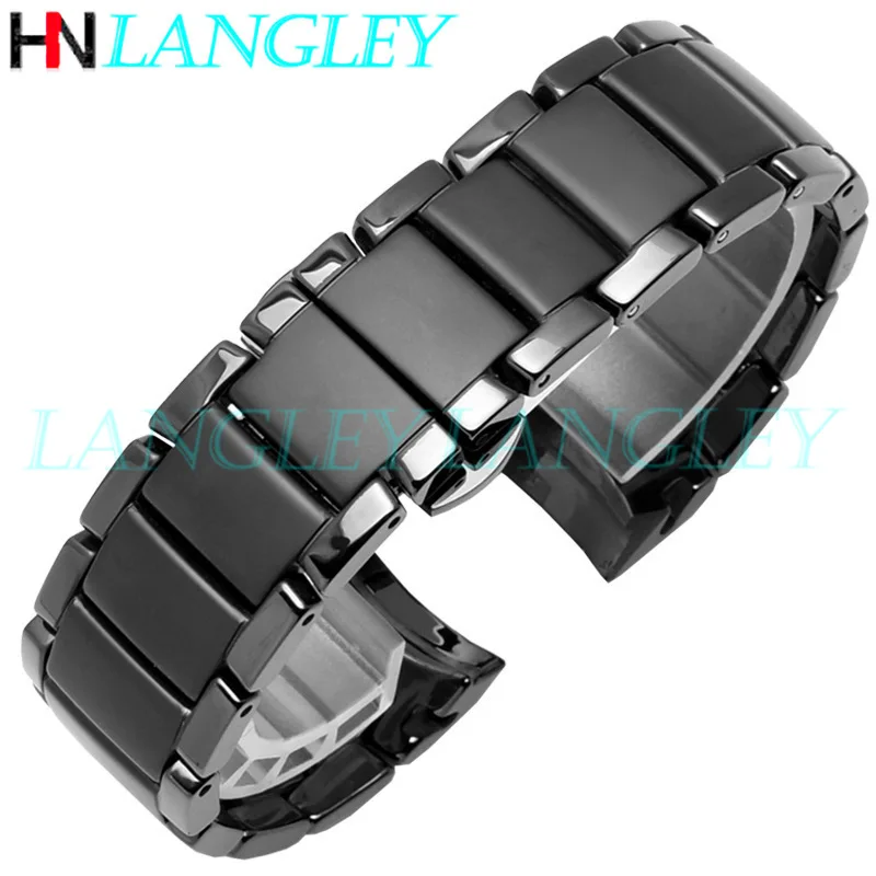 Black Ceramic Watch Band WristStrap 22mm 24mm for Armani Watch AR1451 AR1452 Buckle Replacement Watchband Bracelet