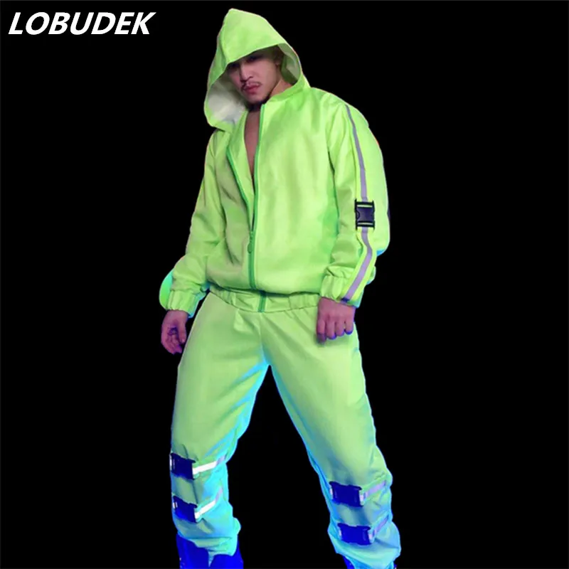 الكبار الذكور الهيب هوب الجاز ملابس رقص مجموعة الفلورسنت الأخضر مقنعين سترة السراويل 2 قطع الزي بار مرحلة الأداء الملابس