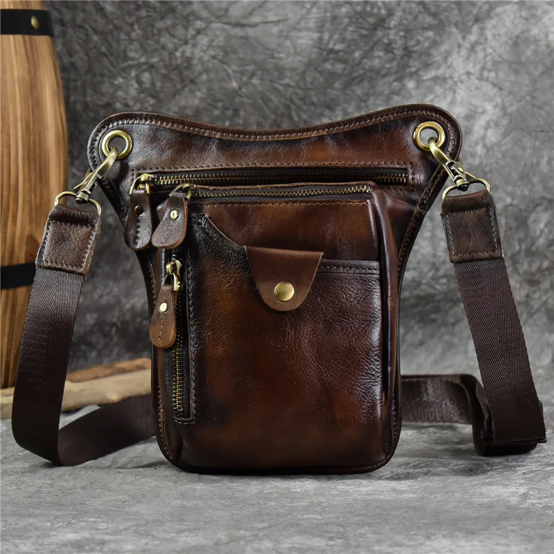 Bolsa de cintura de couro genuíno masculina, bolsa de ombro para motocicleta, mochila crossbody para quadris e pernas, cintura masculina de alta