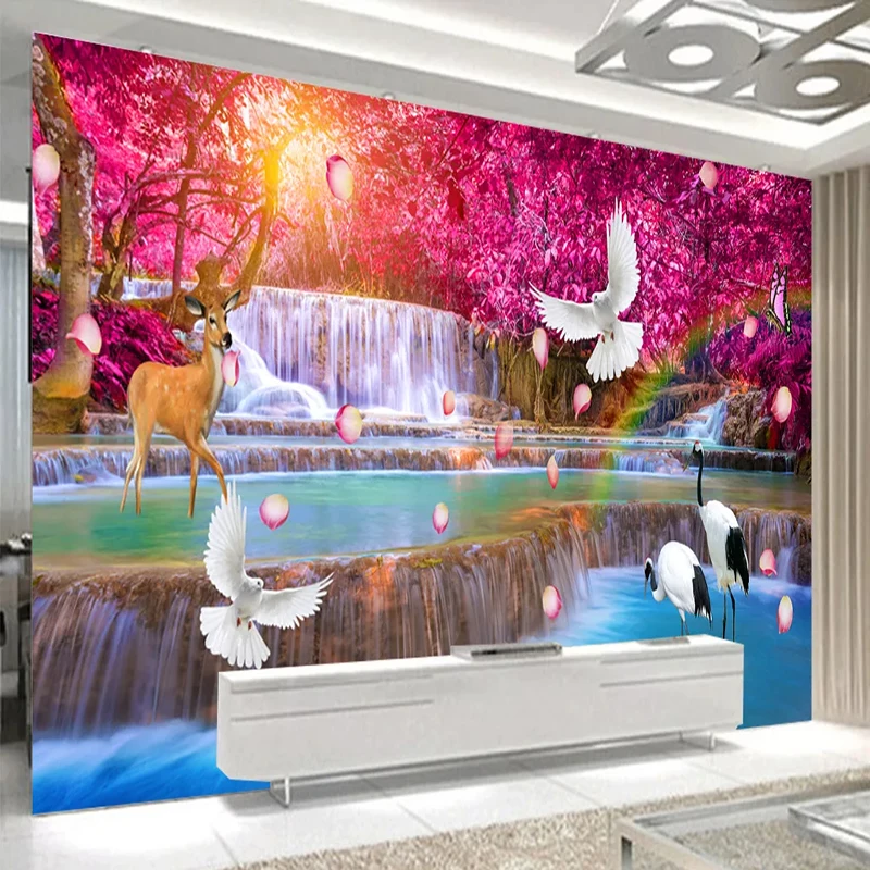 

Custom Wall Cloth Waterfall Red Maple Forest Landscape Chinese Mural Wallpaper Living Room TV Home Waterproof Decor Wall Sticker