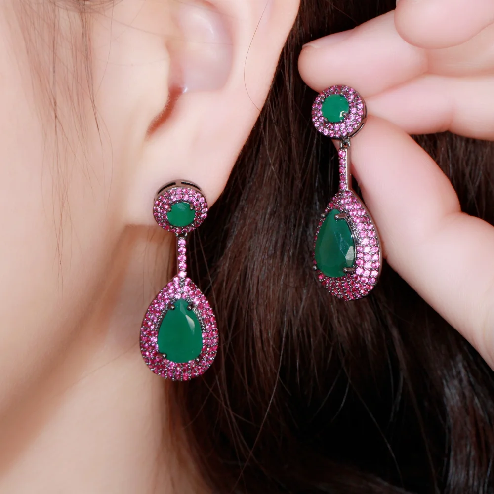 CWWZircons Elegant Micro Pave Hot Pink Cubic Zirconia Green Dangle Water Drop Engagement Party Earrings for Women Jewelry CZ868