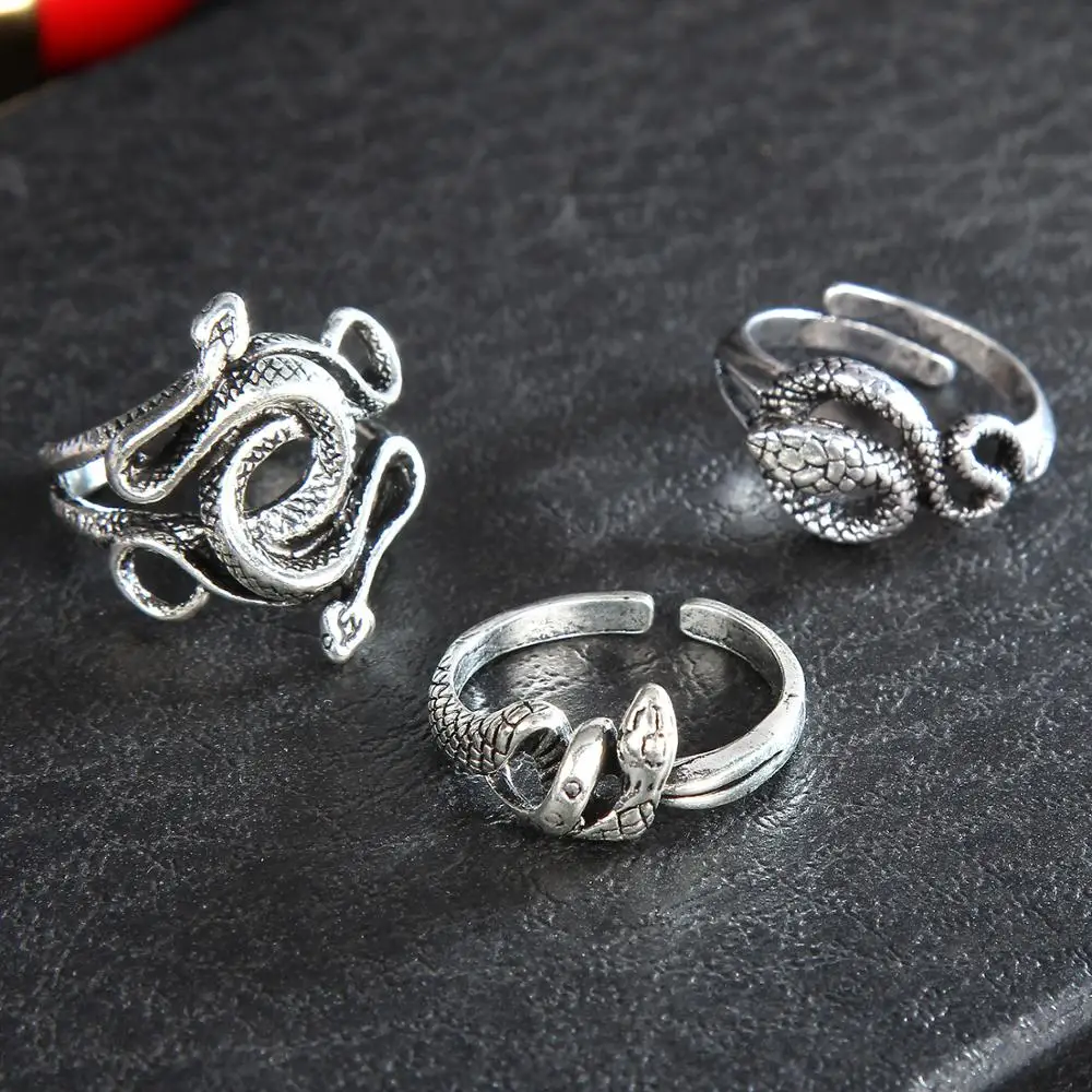 Gothic Retro Snake Ring for Men Women Exaggerated Antique Siver Color Opening Adjustable Rings Rock Exaggerated Jewelry