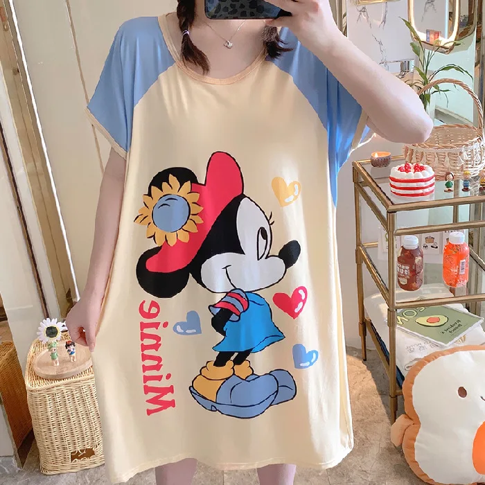 Disney Cartoon Mouse Minnie Print Night Dress New Women Nightgown Loose Short sleeve Sleepshirts Nightdress lovely Nightie