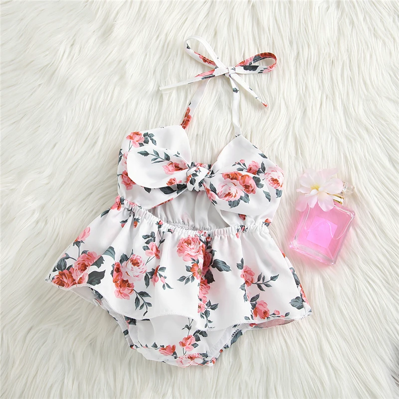 Cute Baby Floral Print Bodysuits Girls Sleeveless Hollow Out Sling Jumpsuit with Bow-knot for Summer Girls Clothing Sunsuit