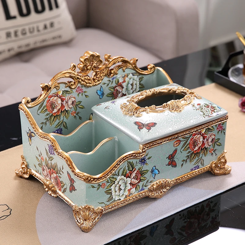 

European Style Multi-Functional Decorative Resin Tissue Box American Remote-Controlled Storage Box