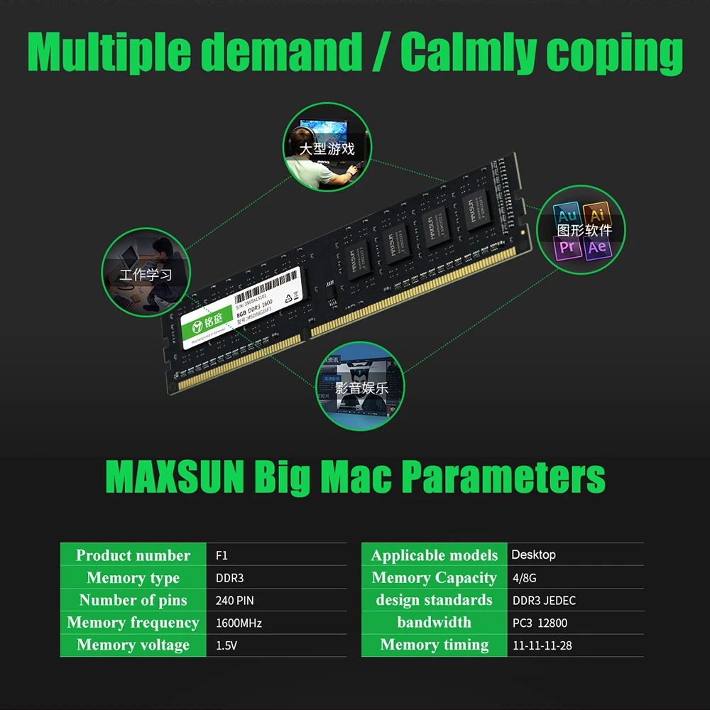 MAXSUN Memoria Ram DDR3 4GB 8GB 1600MHz Computer components Desktop Dimm 240 Pin For Intel AMD Motherboard Full New RAMs