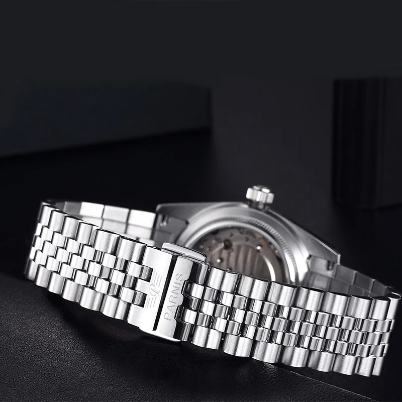 New Parnis 36MM Silver Dial Men Watch Luxury Brand Automatic Women Elegant Diamond Stainless Steel Bracelet Mechanical Watches