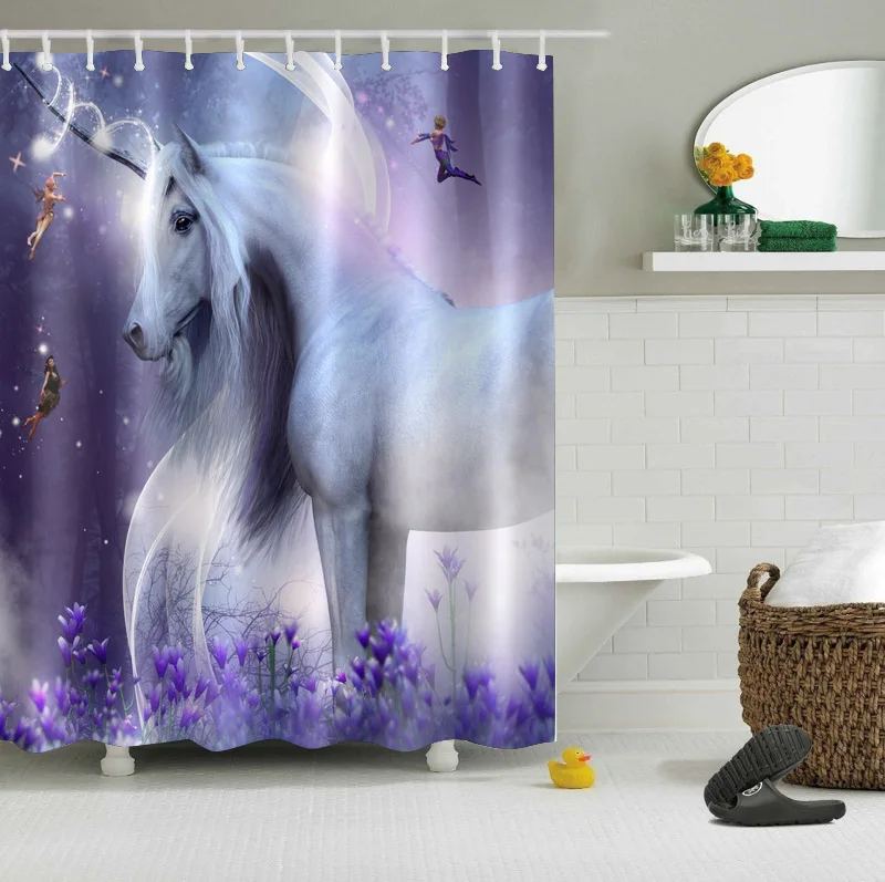 White Unicorn Fairy Tale Jungle Bathroom Shower Curtain Polyester Fabric Bathroom Accessories Waterproof Curtain & 12 Hooks