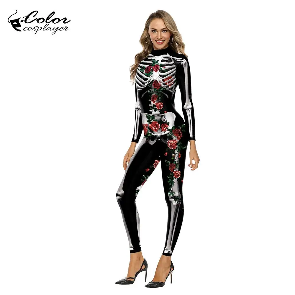 Color Cosplay Rose Skeleton Halloween Costume Bodysuit for Women Purim Carnival Party Cosplay Custome One Piece Jumpsuit