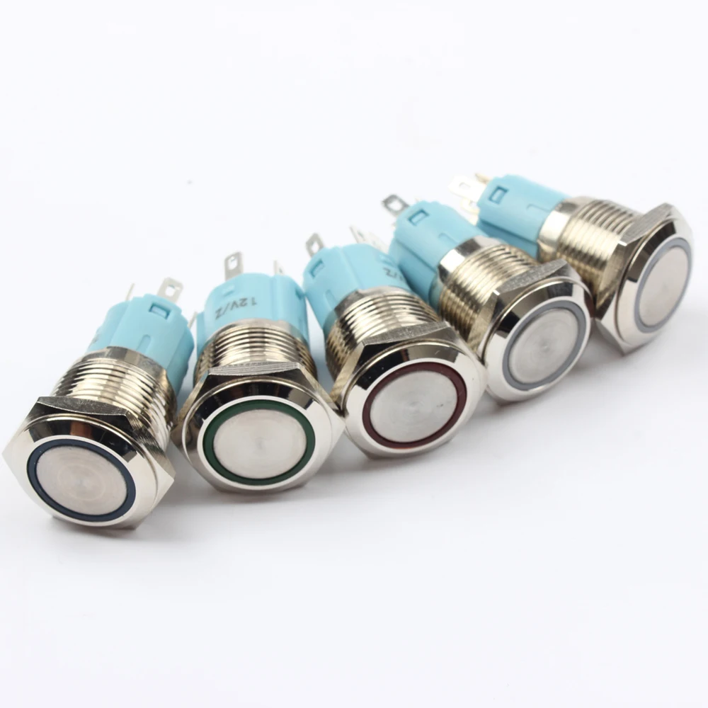 16mm metal push button switch 1 NO 1 NC Chrome plated brass switches with plug LED illuminate ring power mark latching 12V 3V 5V