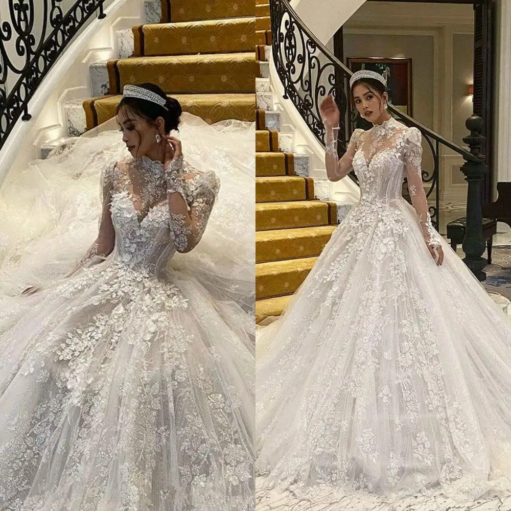 

Luxury Pearls 3D Flower Lace High Neck Wedding Dresses Long Sleeves Garden Sweep Train Plus Size Bridal Gown Vestido De Noiva