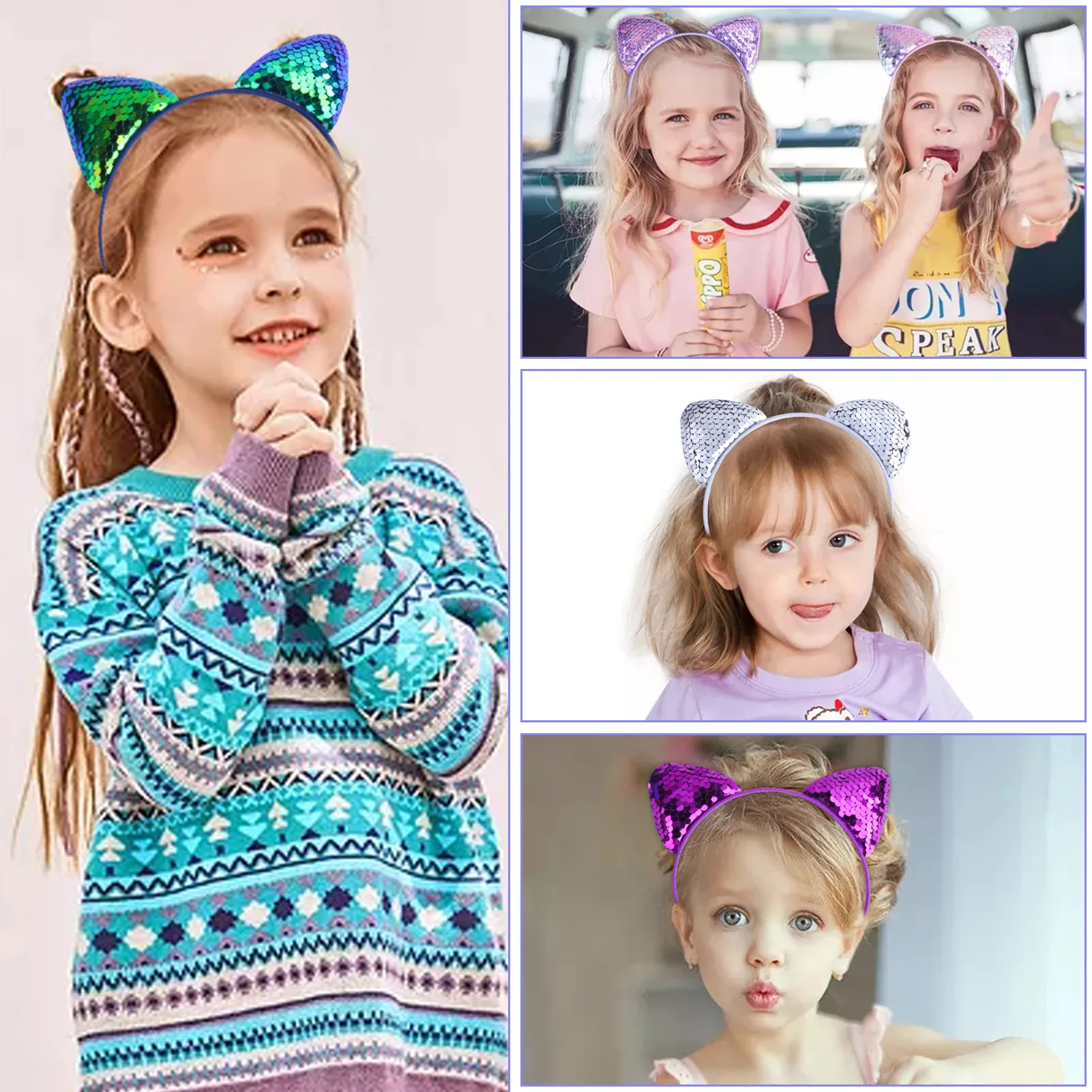 New Children's Sequined Explosive Cartoon Sweet Headband Custom Flip Fish Scale Sequin Cat Ear Jewelry Accessories Headwear