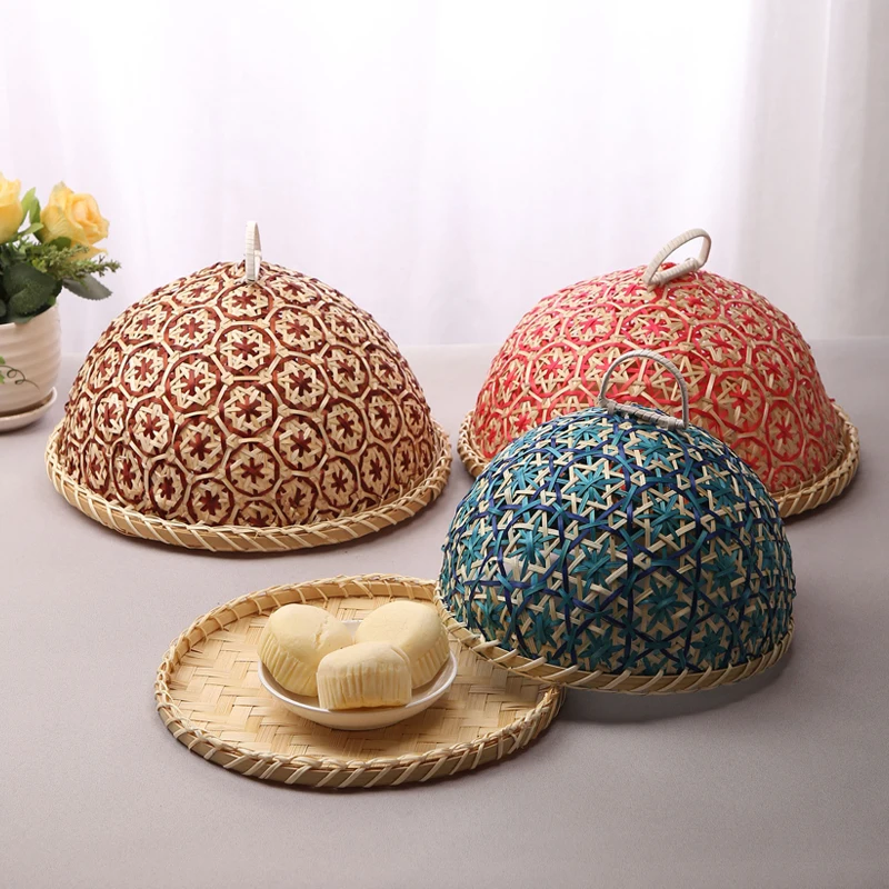 Handmade bamboo woven fruit plate bread basket creative round pest-proof basket with lid fancy dining table cover hotel dish