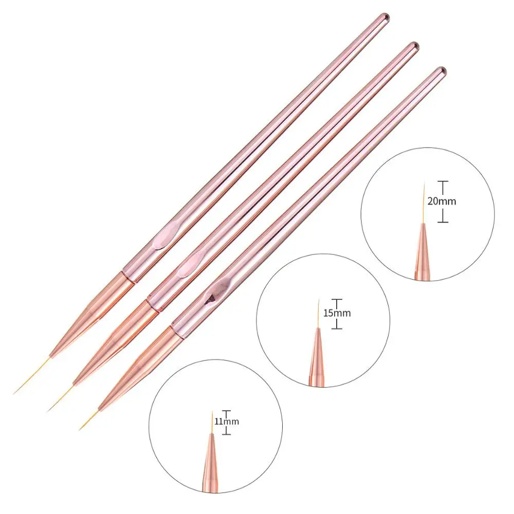 

3Pcs Nail Art Acrylic Liner Painting Brush Rose Gold Handle Lines Stripes Grid Pattern Drawing Pen Tips Manicure Tools T0042