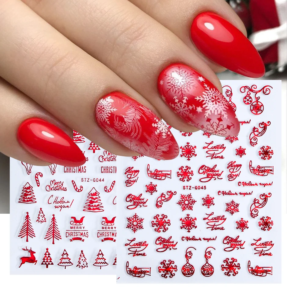 3D Red Holographic Sticker for Nail Decals Manicure Winter Festive Snowflake Design Christmas New Year Nail Slider NTSTZG041-049