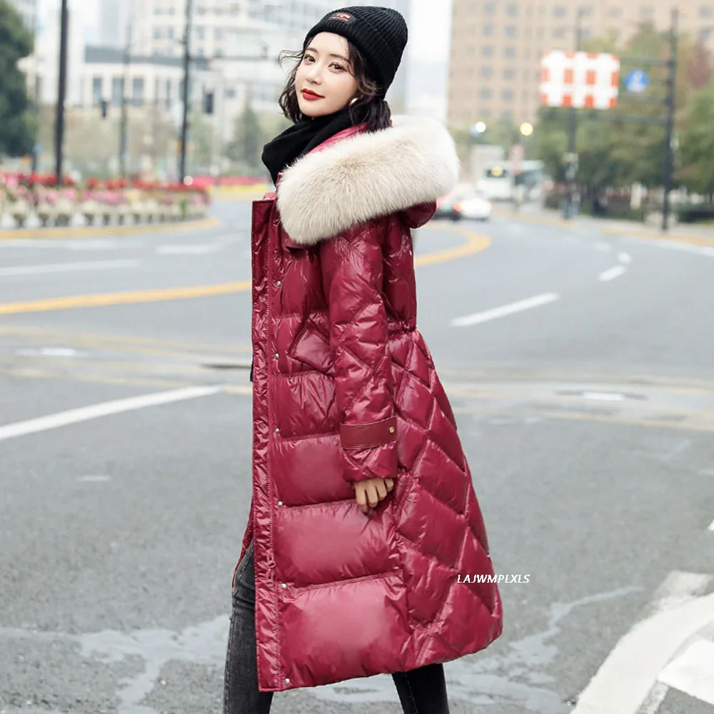 High Quality Luxury Women Down Coats Real Fox Fur Collars Adjustable Waist Winter Warm Long 90% White Down Jackets Outerwear