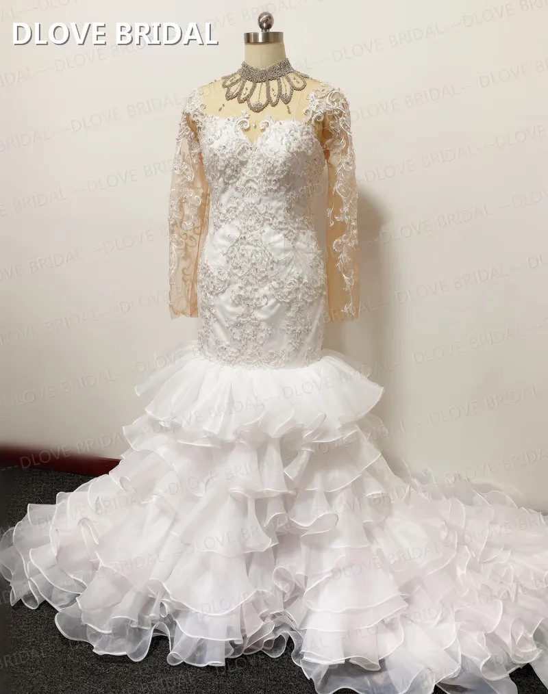 Crystal Kralen Hoge Hals Wedding Dress Mermaid Ruches Bruidsjurk Met Lange Mouwen