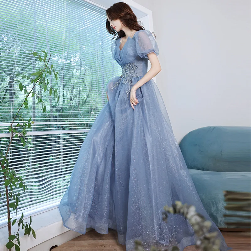 Elegant Square Collar Applique Blue Evening Dress Back Bandage Formal Gowns Cheongsam Robe De Soiree Vestidos Size XS-3XL