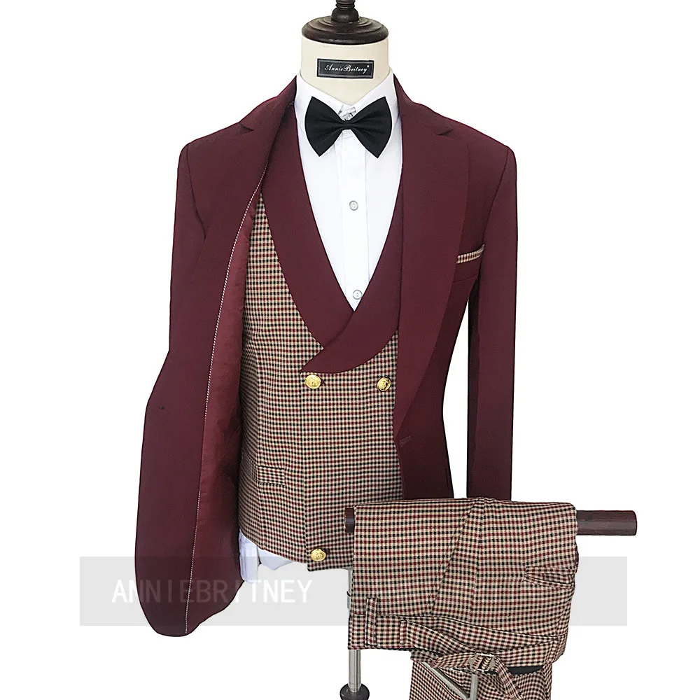 

(Jacket+Pants+Vest) Handsome Viantage Wine Red Notch Lapel Tuxedo Wedding Man Suit 2 Piece Formal Man Blazer Custom Made