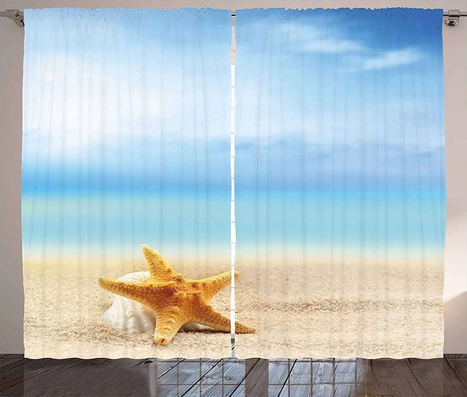 

Starfish Blackout Curtains Scallop Seashell and Starfish Close up on Sandy Beach Idyllic Ocean Backdrop Window Curtain