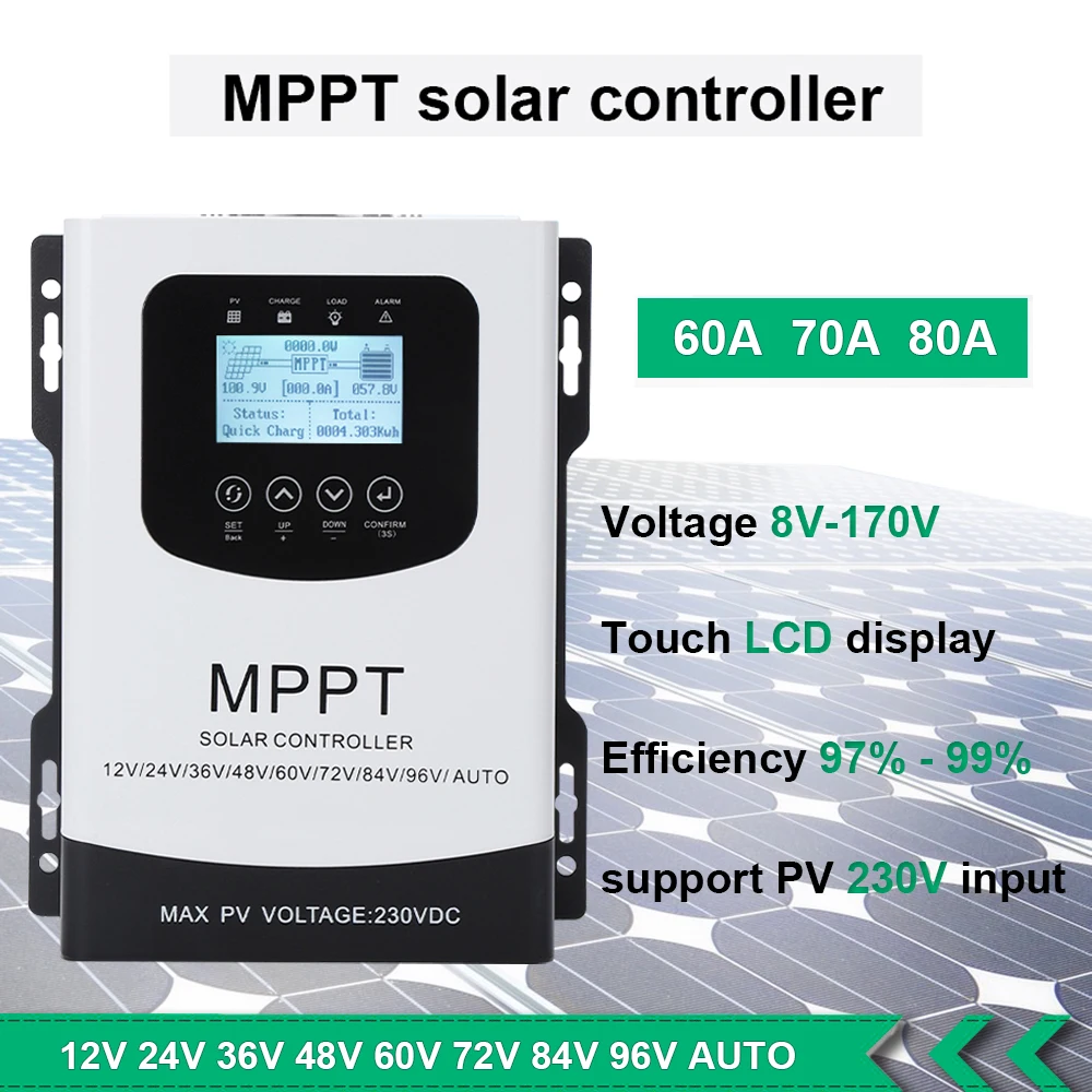 MPPT Solar Controller 60A 70A 80A LCD Display 12V 24V 48V 60V 72V 96V Automatic Identification Universal Photovoltaic Charging