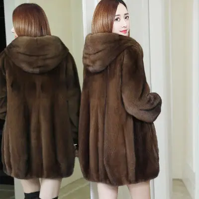 2024 Herbst Winter Nachahmung Nerz Samt Mantel Frauen dicke warme Outwear Kapuze mittellangen Kunst pelz Mantel weibliche Parka d369