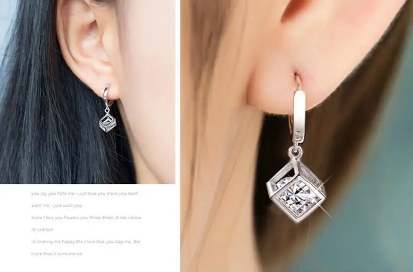 925 Sterling Silver Cube Love Window Zirconia Sugar Drop Earrings For Women brincos de prata Best Gift S-E228