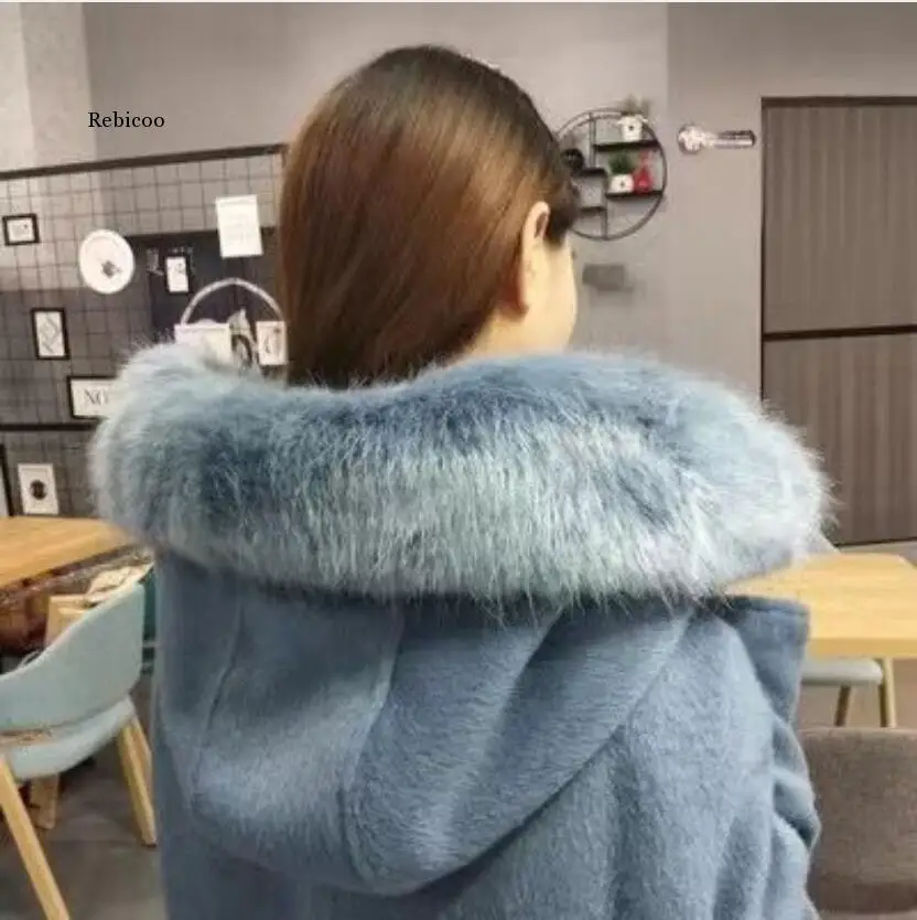 

Cashmere Wool Blends Fluffy Fur Coat Winter Jacket Women Thick Fox Fur Collar Outerwear Belt Streetwear Oversize