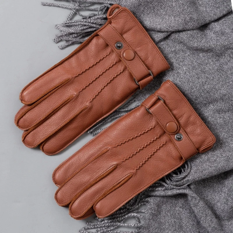 New Fashion Mens Leather Gloves Button Wrist Solid Genuine Leather Male Driving Gloves Winter Warm Gloves Man Mittens