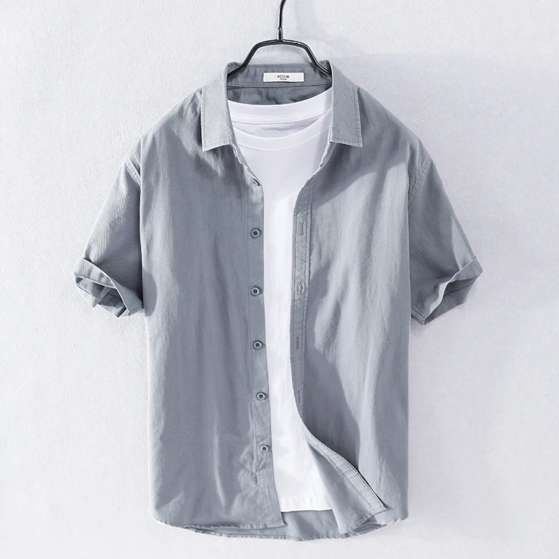 

100% Cotton new style short-sleeved brand casual shirt men trendy solid gray shirts for men chemise camisa tops mens clothes