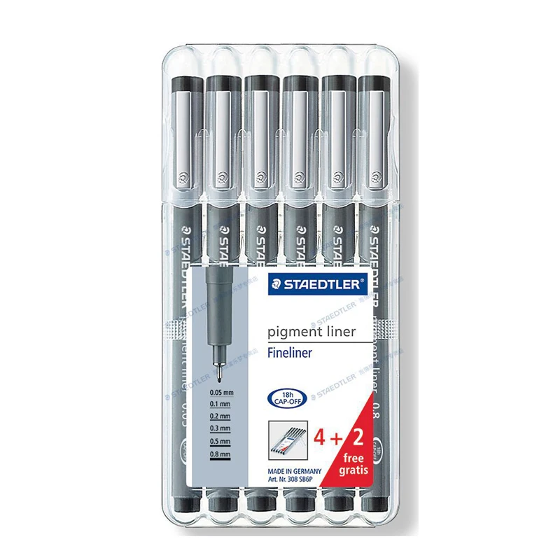 Staedtler 308 SB6P pigment liner fineliner needle pen Black ink waterproof 0.05mm-0.8mm 6pcs/set