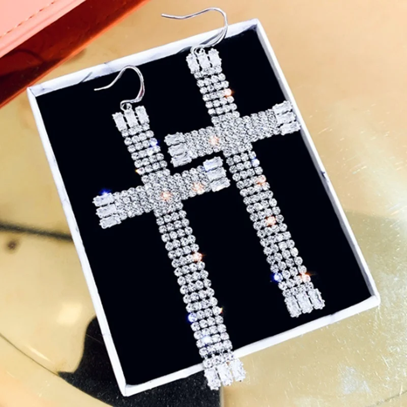 Women Geometric Crystal Drop Earrings Oversized Cross Rhinestone Pendant Earrings Personality Earrings Party Jewelry