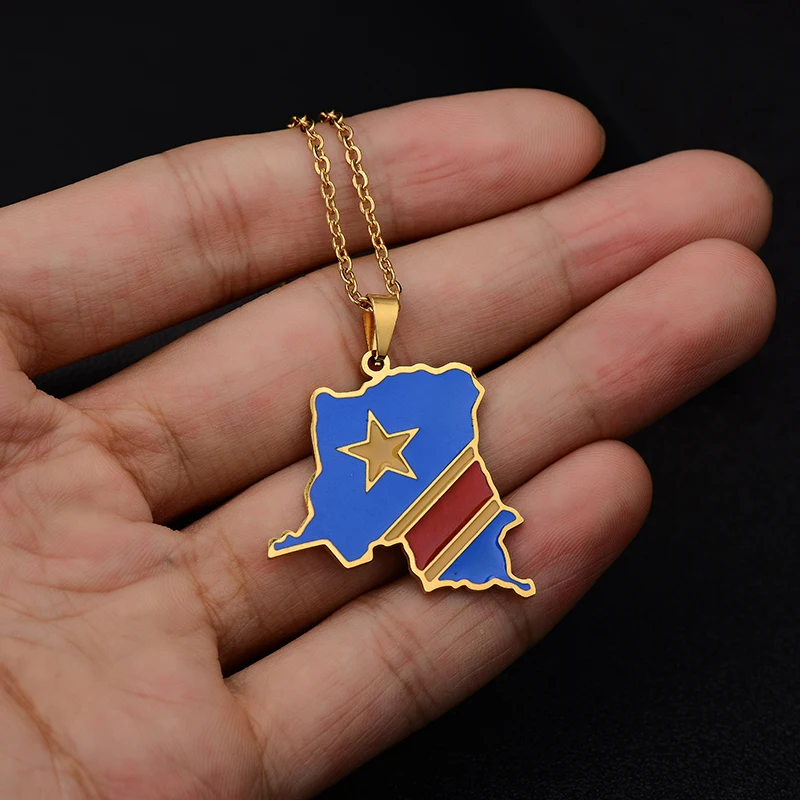 Africa Democratic Republic of the Congo Map Flag Pendant Necklace Gold/Steel Color Men/Women Stainless Steel Map Ethnic jewelry