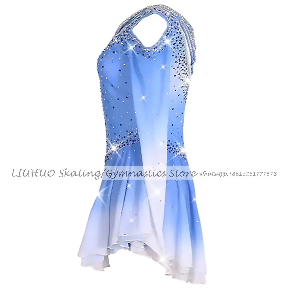 Ice Figure Skating Dress Girls Women Blue Gradient Ballroom Dance Skirt Kids Competition Rhythmic Gym Leotards Child