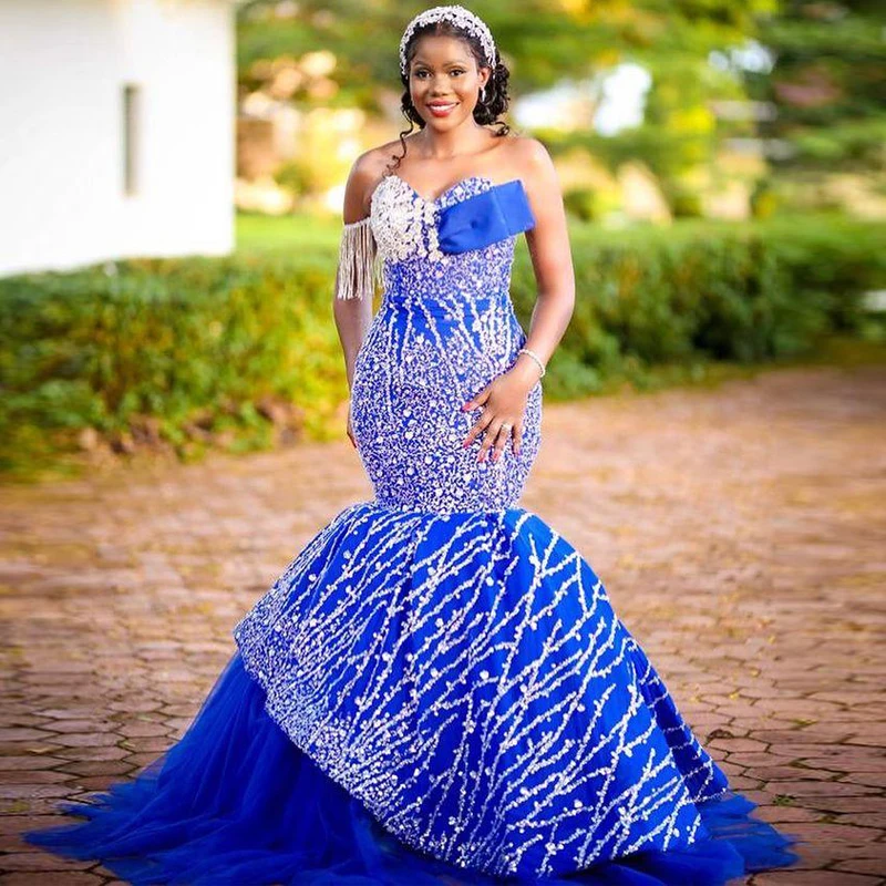 Vestido de baile azul real africano para mulheres, querida borlas, renda lantejoulas, apliques de renda, vestido de noite Aso Ebi