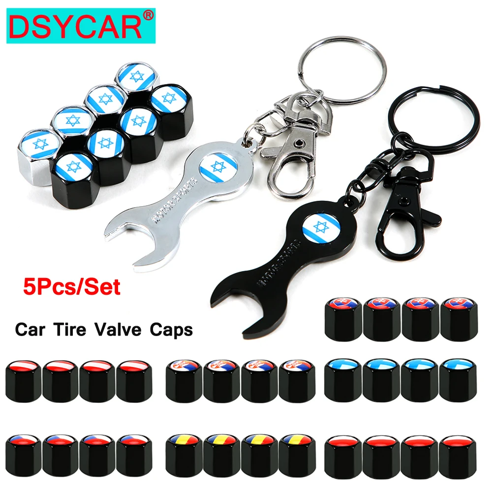 DSYCAR 5Pcs/Set National Flag Style Anti-theft Car Tire Wheel Valve Caps with Wrench Keychain Alloy Car Tire Valve Caps