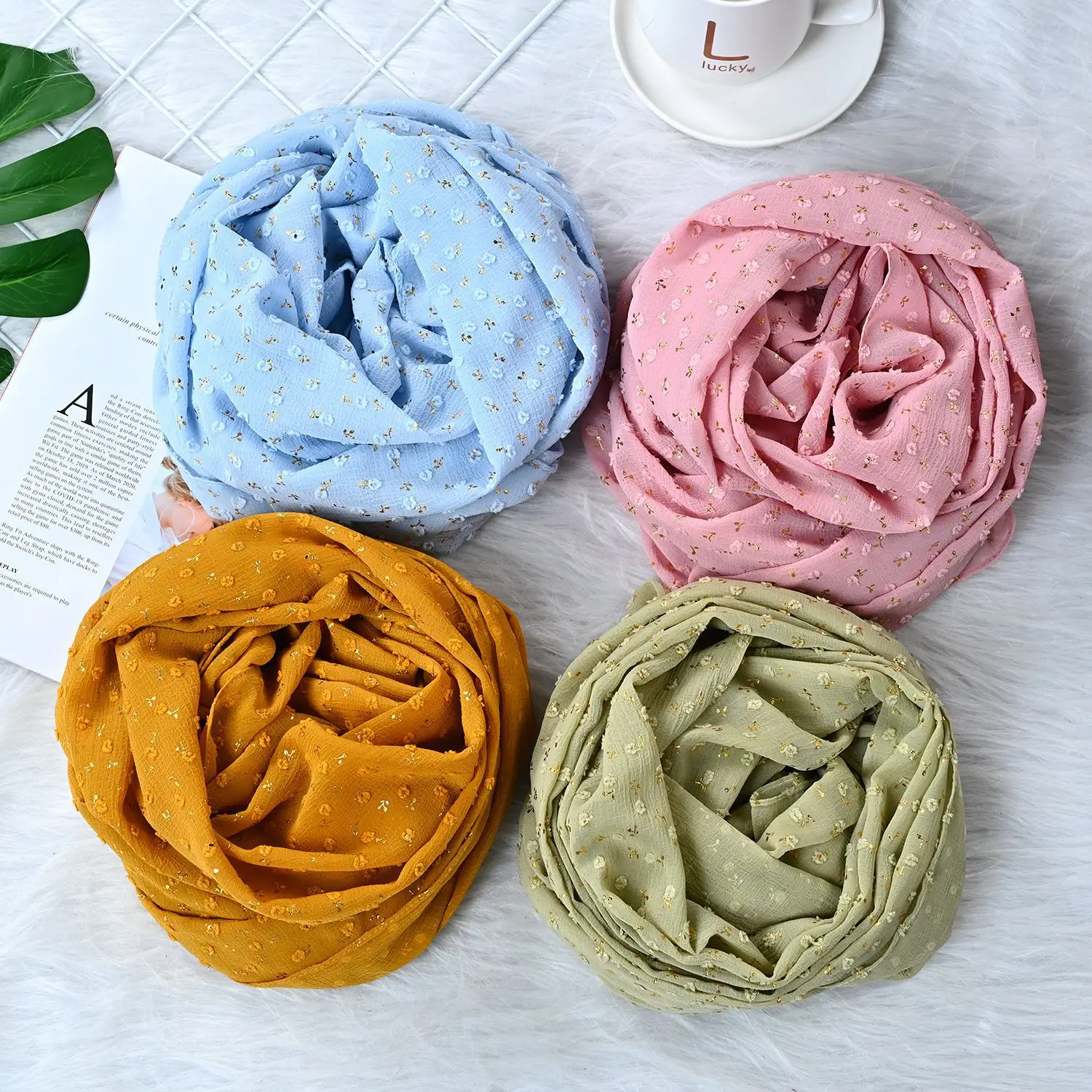 New Arrive Plain Pom Chiffon Hijab Golden Glitter Scarf  Muslim Scarves Malaysia Scarfs Wideshawl Women Headscarf